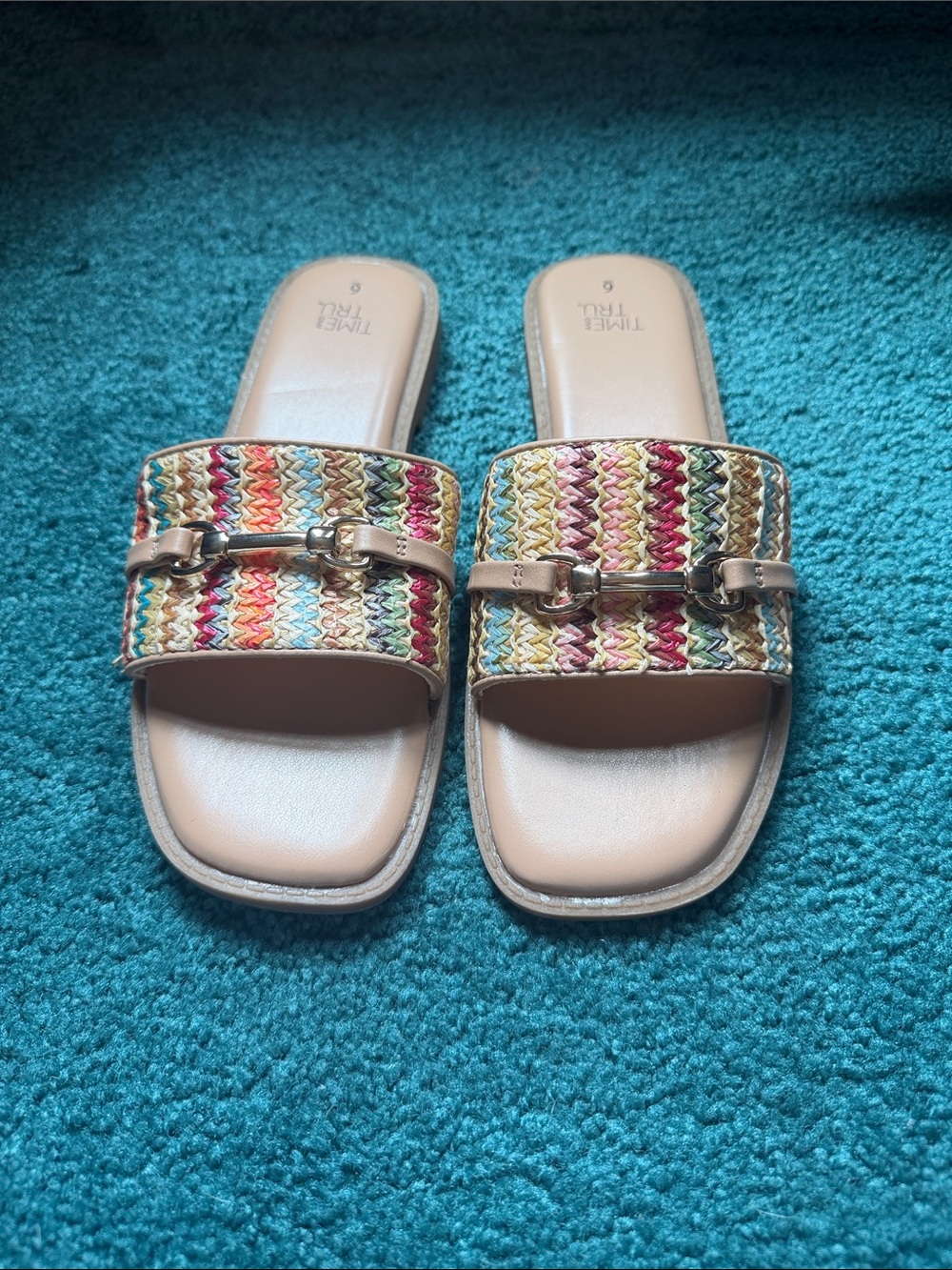 Time and Tru Beige Slide Mules with Multicolor Woven Strap